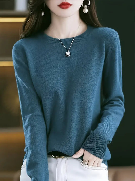 Women’s Solid Color Pullover – Classic Round Neck Knit Sweater