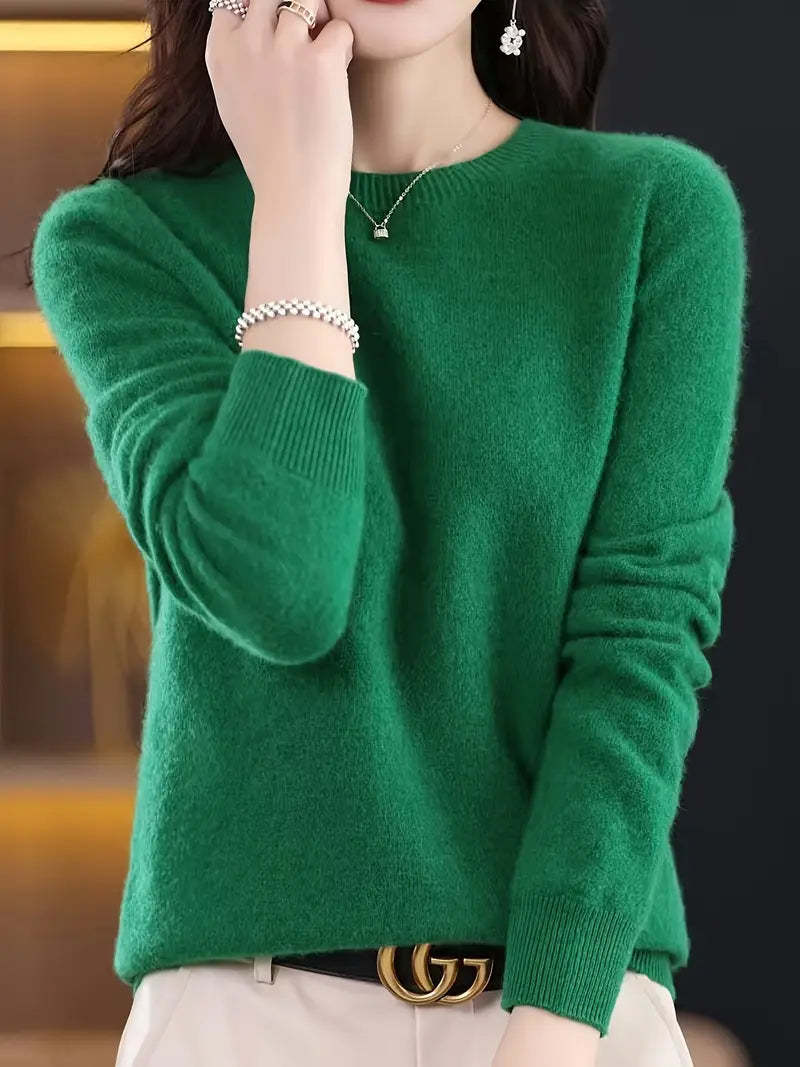 Women’s Solid Color Pullover – Classic Round Neck Knit Sweater