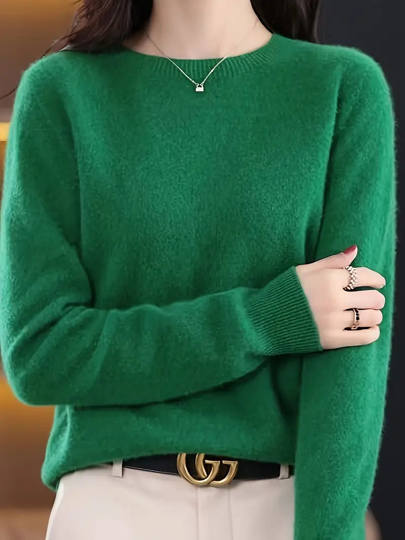 Women’s Solid Color Pullover – Classic Round Neck Knit Sweater