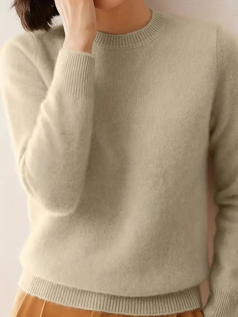 Women’s Solid Color Pullover – Classic Round Neck Knit Sweater